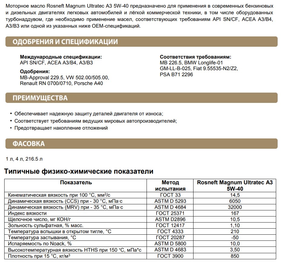 Описание Rosneft Magnum Ultratec A3 5W-40
